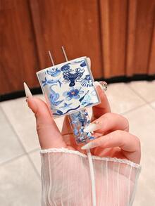 Blue Seahorse & Floral Pattern Minimalist Apple Charger Protector Case, Compatible With 20W Charger Compatible With Iphone 15, 16 ProMax Cables, Anti-Bending, Anti-Cat Bite, Fits 13/14 Plus Cables And Chargers. Christmas/Valentine's Day Gift Compatible With Iphone 17/17 ProMax/Air - Clear - View 4