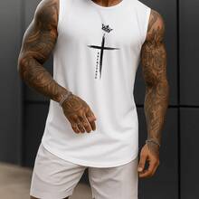 Regata Masculina Cavada Cruz Abençoado Algodão 100% Estampada Premium Academia Verão Treino Fitness Casual Streetwear Oversized - Branco - Visão 2