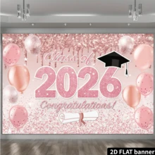 Conjunto de 1 pieza de 2 pancartas de fiesta de graduación 2026 en 2D plano, fondo grande para aula, con globos de colores y diseño de certificado de graduación, decoración de pared impresa resistente a los rayos UV, adecuada para uso en interiores - Rosa - Ver 3