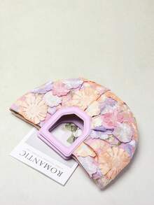 1个彩色花卉装饰网纱刺绣贴花扇形大号手提包，亚麻底，优雅的夏季海滩度假风格，适合搭配长裙（花卉图案随机发送） - 淡紫色 - 查看 9