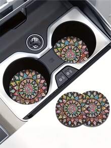 2pcs Absorbent Retro Mandala Flower Car Cup Holder Coaster Mats - Water Cup Coasters For Car Vehicles & Home Desk, Car Interior Accessories For Women - A - View 3