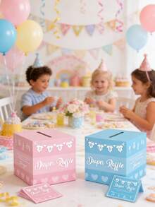 一套51件的婴儿尿布抽奖游戏盒，包含尿布抽奖券盒和婴儿礼物留言盒，适合婴儿生日派对 - 彩色 - 查看 2