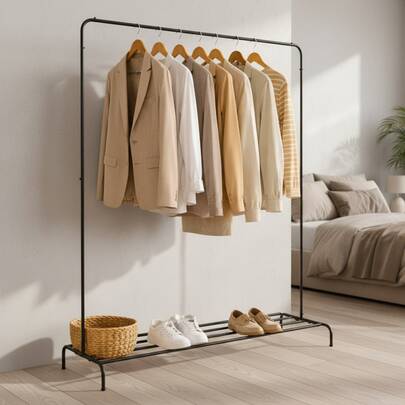 Suporte de Roupas Metálico Preto Armário Aberto Adequado para Quarto Cabideiro de Chão Resistente