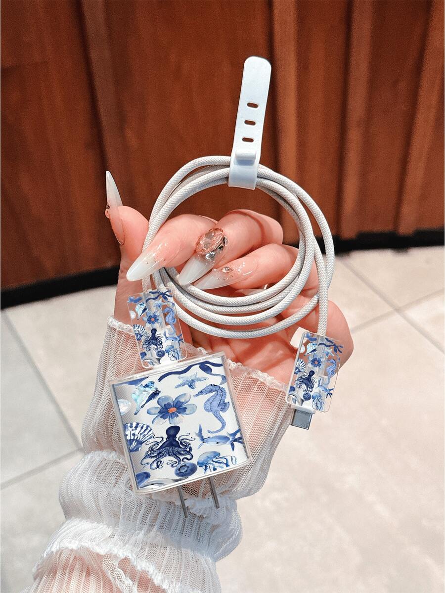 Blue Seahorse & Floral Pattern Minimalist Apple Charger Protector Case, Compatible With 20W Charger Compatible With Iphone 15, 16 ProMax Cables, Anti-Bending, Anti-Cat Bite, Fits 13/14 Plus Cables And Chargers. Christmas/Valentine's Day Gift Compatible With Iphone 17/17 ProMax/Air - Clear - View 1