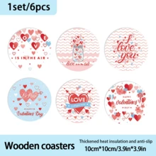 A Set Of Valentine's Day Themed Coasters With Heart, Arrow, And Glass Bottle Decorations - The Classic Valentine's Elements. Accompanied By Romantic Text Like "LOVE", "I Love You", And "HAPPY Valentine's Day", In A Sweet And Hand-Drawn Cartoon Style With A Pink And Blue Color Scheme To Convey The Loving Atmosphere Of Valentine's Day. - Wooden Board-circle Coaster - View 6