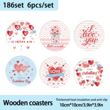 A Set Of Valentine's Day Themed Coasters With Heart, Arrow, And Glass Bottle Decorations - The Classic Valentine's Elements. Accompanied By Romantic Text Like "LOVE", "I Love You", And "HAPPY Valentine's Day", In A Sweet And Hand-Drawn Cartoon Style With A Pink And Blue Color Scheme To Convey The Loving Atmosphere Of Valentine's Day. - Wooden Board-circle Coaster - View 9