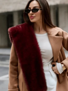 1件装女士仿皮草围巾披肩，时尚百搭保暖围巾披肩，适合日常佩戴，秋冬季 - 酒紅色 - 查看 3