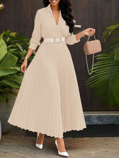 Lightweight Fabric Loose Fit Solid Color Pleated Skirt With Belt, Vintage Style Dress For Women, Suitable For Autumn/Winter, Elegant Lady, Homecoming, Wedding, Birthday, Teacher Outfits Spring