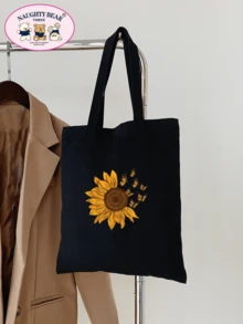 Sunflower & Butterfly Pattern Shopper Bag School Bag For Graduate, Teen Girls, Freshman, Sophomore, Junior & Senior In College, University & High School, Perfect For Outdoors ,Travel & Back To School - Black - View 8