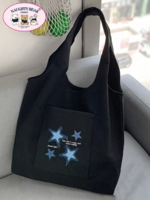 女士简约帆布手提包，开顶帆布单肩包，手提包，适合小学生、中学生和大学生的简约书包，文件夹，旅行包 - 黑色 - 查看 6