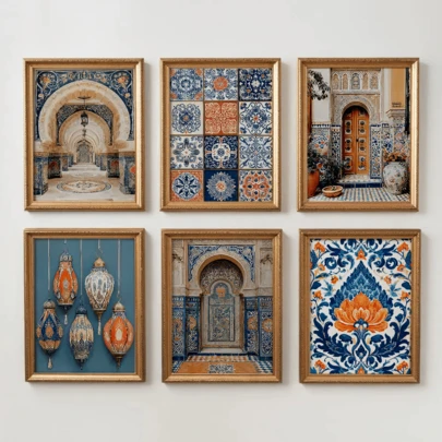 6张复古墙贴海报，摩洛哥复古墙贴套装，伊斯兰建筑，阿拉伯瓷砖图案，斋月装饰 | 开斋节快乐，优雅的斋月海报，带框或不带框可选，房间装饰，家居装饰，宿舍，酒店，客厅，卧室，浴室和办公室墙面装饰礼品