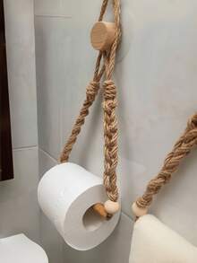 Wall-Mounted Hemp Rope Toilet Roll Paper Holder, Non-Perforated Toilet Hemp Rope Roll Paper Holder, Kitchen Wall-Mounted Roll Paper Holder With Hooks, Suitable For Replacing Rolls-Modern Home Fashion Bathroom Accessories - Brown - View 3
