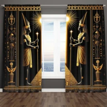 2件套窗帘，2D平面古埃及神祇法老华丽风格化场景，金色黑色中心人物面向太阳，金字塔图案，卧室客厅装饰窗帘。 - 暗金 - 查看 6