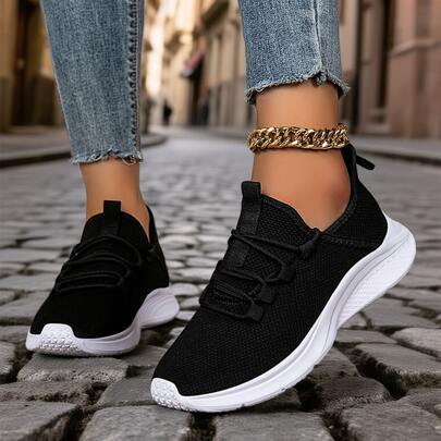 Women's Casual Lightweight Breathable Black Knit Sneakers - Comfortable Lace-Up Athletic Shoes, Suitable For Casual Sports And Walking