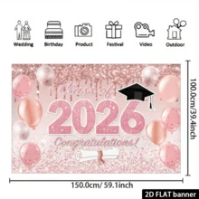 Conjunto de 1 pieza de 2 pancartas de fiesta de graduación 2026 en 2D plano, fondo grande para aula, con globos de colores y diseño de certificado de graduación, decoración de pared impresa resistente a los rayos UV, adecuada para uso en interiores - Rosa - Ver 6