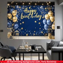 1 peça, banner plano 2D azul marinho com a frase "Feliz Aniversário", feito de tecido de poliéster, com estrelas e decorações de presentes. Ideal para decoração de festas de aniversário, comemorações de aniversário, festas de fim de ano, fundos de festa, presentes de maioridade, despedidas de solteiro(a), decoração de mesa de bolo, decoração de parede, decoração de casa/quarto/ambientes internos/externos, adereços para fundo fotográfico, tecido para fundo de aniversário, artigos/presentes para decoração de festas. - Multicolorido - Ver 6