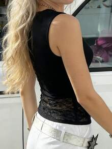 Retro Sexy LaceV-Neck Camisole Aesthetic 90s Sleeveless Semi-See-Through Tank Top Y2k Women's Clothing Summer Chic - Black - View 5
