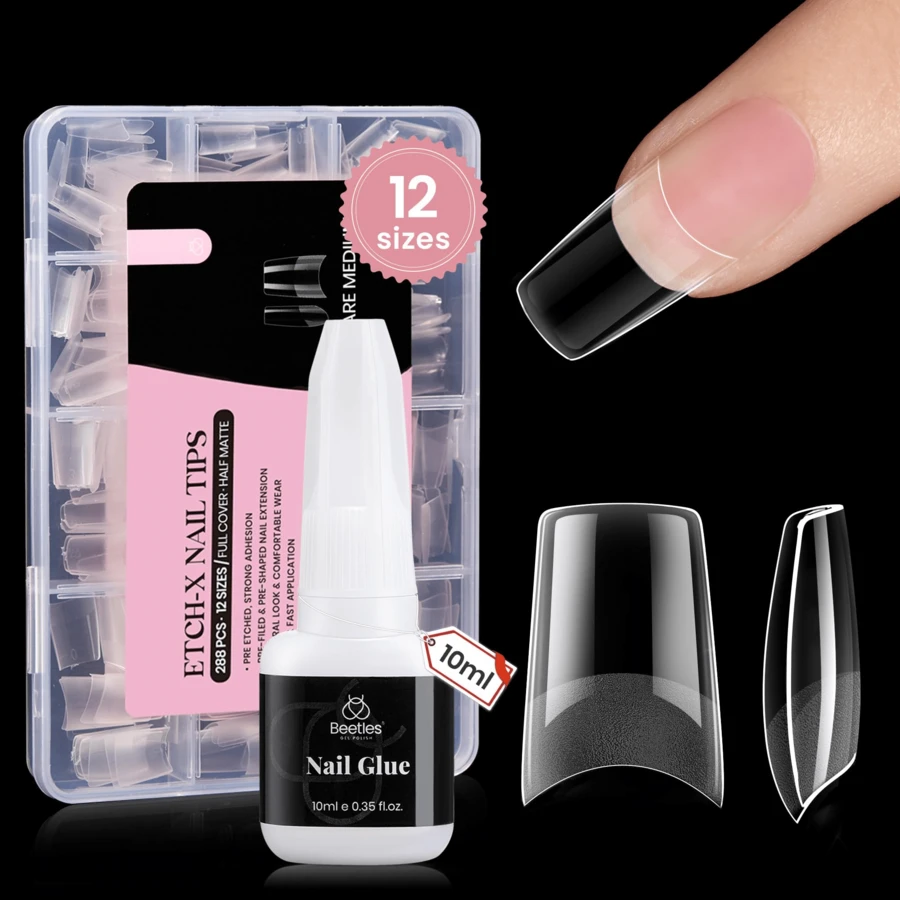 Nail Tips Kit Etch-X, Square Medium, 288Pcs 12 Sizes, With 10mL Nail Glue, Nail Supplies Nail Stuff Nail Stuff Nail Tech Supplies Pre-Etched Half Matte Half Cover Soft Acrylic False Nail Kit For Home DIY Salon Art Fall Press On Nail Extension - Medium Square - 查看 1