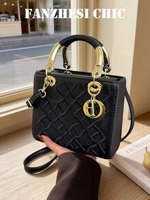 时尚优雅的高端达芙妮女士手提包，2026新款时尚菱形图案托特包、单肩斜挎包、圣诞礼物、旅行和派对包 - 黑色 - 查看 2