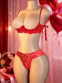 Women's Lace Lingerie Set, Open Back Design With Floral Trim Details And Open Crotch Thong, Valentine's Day Gift - Red - View 1