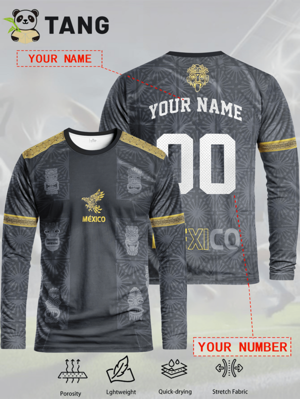 Customized Mexico Style Men's Soccer Long Sleeve Jersey & Personalized Name & Number & Crew Neck Long Sleeve Comfortable Sports Sweatshirt, Suitable For Soccer Training, Casual Wear, Gift