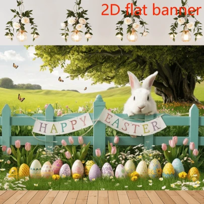 Pancarta plana 2D 1 Gran Pancarta de Caza de Huevos de Pascua - Feliz Conejo de Pascua y Decoración Primaveral de Tulipanes, con Huevos de Pascua en Tonos Suaves, Valla Turquesa y Logotipo de Feliz Pascua, Tela de Fondo de Poliéster Adecuada para Photocalls y Decoraciones Exteriores