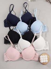 5pcs Elegant Solid Color Lace Patchwork Push-Up Bra - Multicolor - View 3