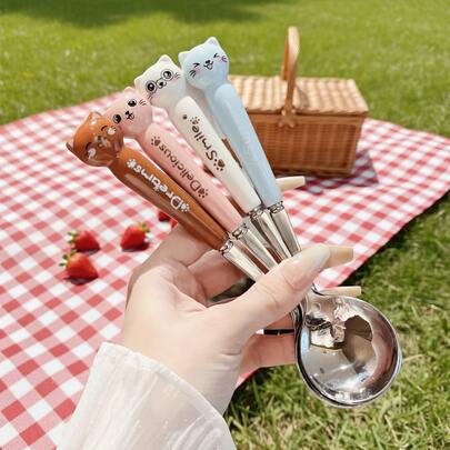 Juego de cubiertos de 4 piezas con temática de gato de dibujos animados: cuchara, tenedor, palillos de madera y estuche portátil para cubiertos, perfecto para acampadas al aire fiestas festivas, crea un ambiente encantador