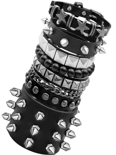 Yanxyad 1/6-delars punkrock nitarmbandsset, unisex, 80-tals alternativ goth grunge emo pärlstjärna y2k manschettarmbandstillbehör, PU-material med tryckknappsknäppning, lämplig för rockkläder