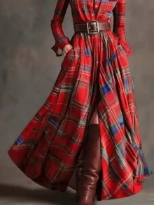 Women's Autumn/Winter Fashion Multi-Color Plaid Retro Long Dress, Oversized Skirt Design, Stylish Button Fitted Lapel Shirt Dress, Perfect Choice For Parties And Events (Belt Not Included) - Red - View 5