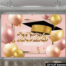 2D平面单件装2026毕业派对横幅，大型教室背景，采用彩色气球纸和毕业证书设计，耐用抗紫外线印刷墙面装饰，适合室内使用 - 彩色 - 查看 3