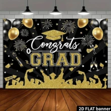 2D Flat Graduation Party Backdrop, Black, Gold Wreath, Gold Graduation Cap, Balloons, Glitter, Party Decor, Photo Background - Multicolor - View 4