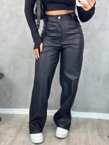 Stylish Faux Leather Wide-Leg Pants - 黑色皮革 - 查看 2