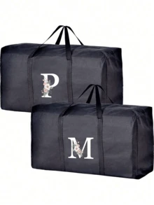 1 túi du lịch gấp gọn, ngăn chứa đồ cực lớn, chống thấm nước và chống ẩm, họa tiết chữ cái đầu cá nhân hóa, túi đựng đồ dùng giường ngủ dung tích lớn, túi xách tay bằng vải không dệt. - màu đen - Xem 7