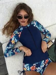 Traje De Baño De Protección Solar Con Volantes Para Mujer - Azul menta - Ver 11