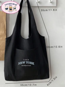 1 件黑色时尚 1989newyork 字母印花帆布手提包，配有简约肩带，适合女士、便携式购物袋、适合读书周的学院风书包 - 黑色 - 查看 6