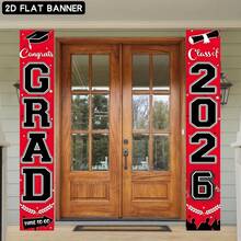 2 piezas Bandera vertical de temporada de graduación 2026, decoración cultural roja y negra con luces florales, 12x70.8 pulgadas de poliéster para uso en interiores/exteriores, adecuada para fondos oscuros - Multicolor - Ver 5