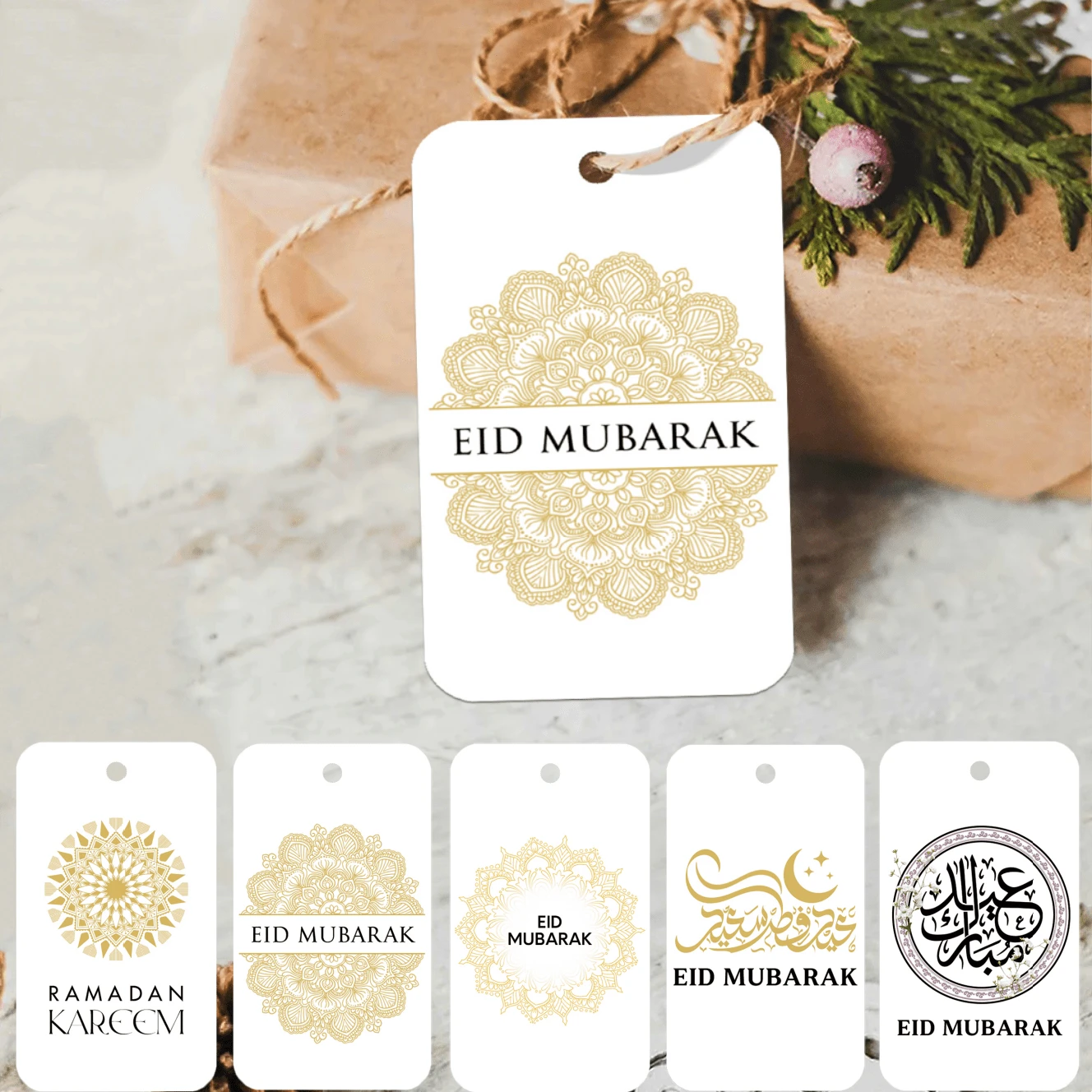 50 etiquetas de regalo de papel Eid Mubarak con cuerda de cáñamo - Etiquetas colgantes de Ramadán Kareem para regalos, envoltura de regalos y decoración de favores de fiesta, suministros de fiesta musulmana islámica - Multicolor - Ver 1