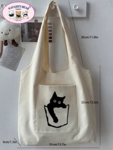 1pc Ladies Beige Canvas Tote Bag With Black Cat Print, For Shopping - Beige - View 7