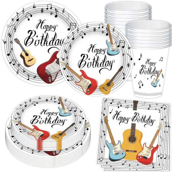 64 peças Conjunto Descartável de Utensílios de Mesa com Tema de Festa de Aniversário de Música, Inclui Pratos, Guardanapos e Copos de Papel Descartáveis, Perfeito para Festival de Música, Comemorações de Ano Novo, Comemorações de Volta às Aulas, Acampamento, Churrasco no Pátio, Piquenique, Casamento, Festa e Aniversário, Reuniões Casuais, Chá da Tarde