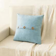 1个纽扣装饰抱枕套（不含枕芯），现代亚麻装饰枕套，家居装饰 - 淺藍色 - 查看 2