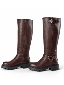 Women's Knee High Boots Slip On Squared Toe Chunky High Heel Platform Riding Boots Buckle Boots For Women Sexy Tall  Boots Dance Party Shoes For Halloween Christmas - a棕色 - 查看 2