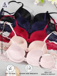 5件装优雅纯色蕾丝拼接聚拢文胸 - 彩色 - 查看 1