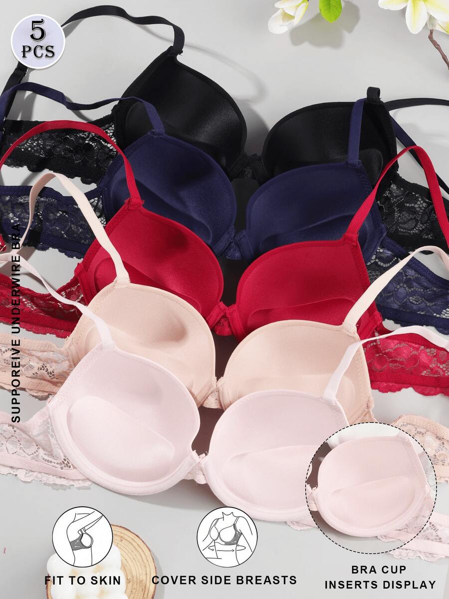 5件装优雅纯色蕾丝拼接聚拢文胸 - 彩色 - 查看 1