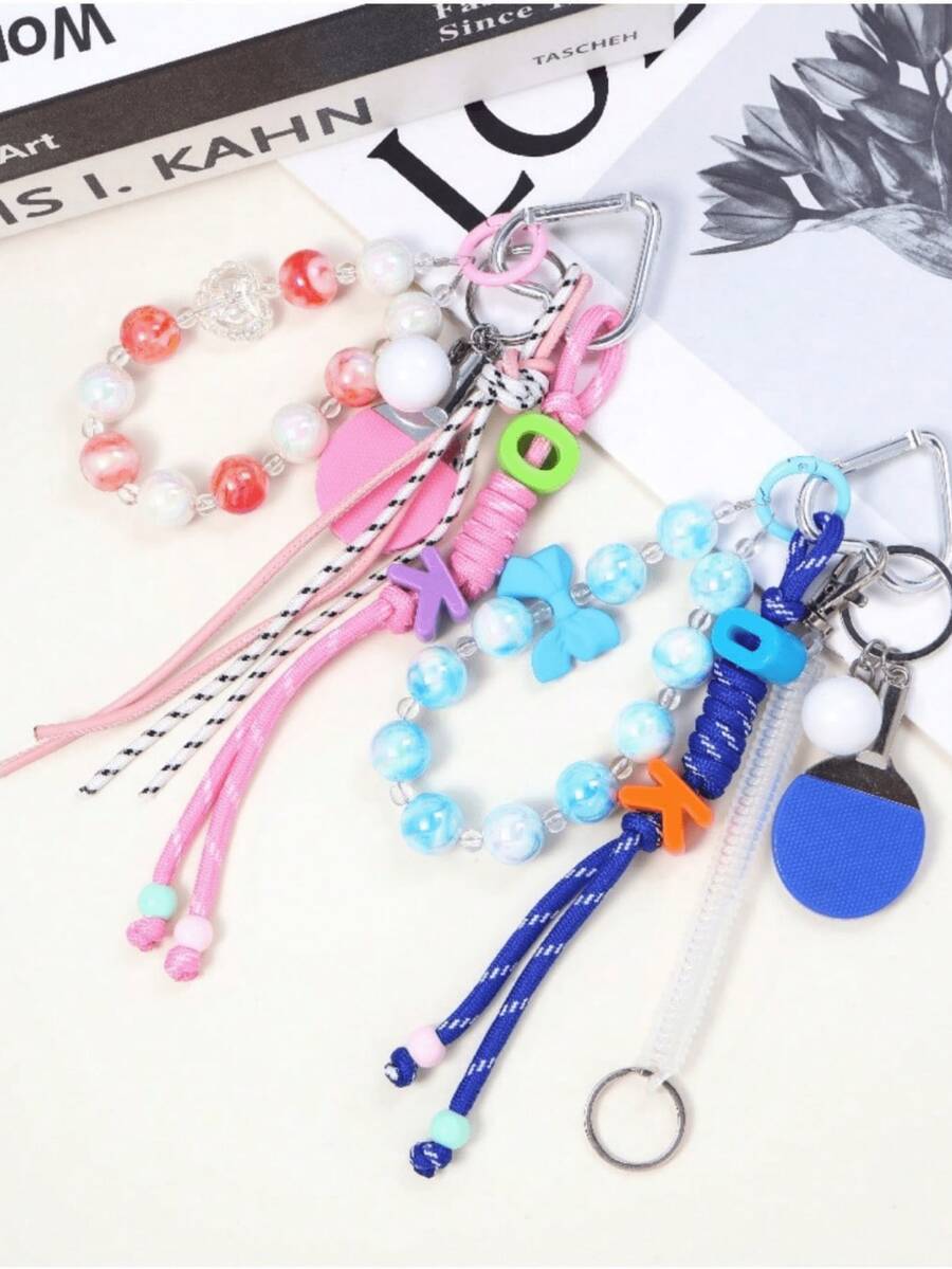 1pc Elegant Fashion Dopamine Braided Tassel Beaded Keychain, Chic Girl Backpack Charm Accessory - A - View 1
