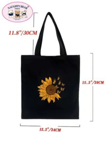 Sunflower & Butterfly Pattern Shopper Bag School Bag For Graduate, Teen Girls, Freshman, Sophomore, Junior & Senior In College, University & High School, Perfect For Outdoors ,Travel & Back To School - Black - View 4