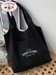 1 件黑色时尚 1989newyork 字母印花帆布手提包，配有简约肩带，适合女士、便携式购物袋、适合读书周的学院风书包 - 黑色 - 查看 4
