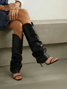 Knee High Boots For Women Wide Calf  Round Toe Stiletto High Heel Pull On Sandals Fashion Dress High Heel Boots - 黑色 - 查看 1