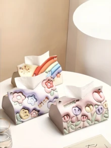 1pc Luxury Rose Oil Painting Tissue Box, Creative Desktop/Car Tissue Paper Holder For Living Room - Multicolor - View 6