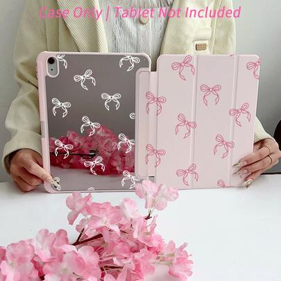 Pink Bow Design Tablet Protective Case - Suitable For Those Who Like Sweet And Elegant Styles, With Mirror And Pen Slot, Compatible With IPad 10.9/10.2/Air 5th Gen/Pro11/10th/9.7/Air 2/IPad (7th Gen)/IPad (8th Gen)/IPad Air 4/5/IPad Pro 11/IPad 10th Generation 10.9 Inch 2022 Smart Protective Cover